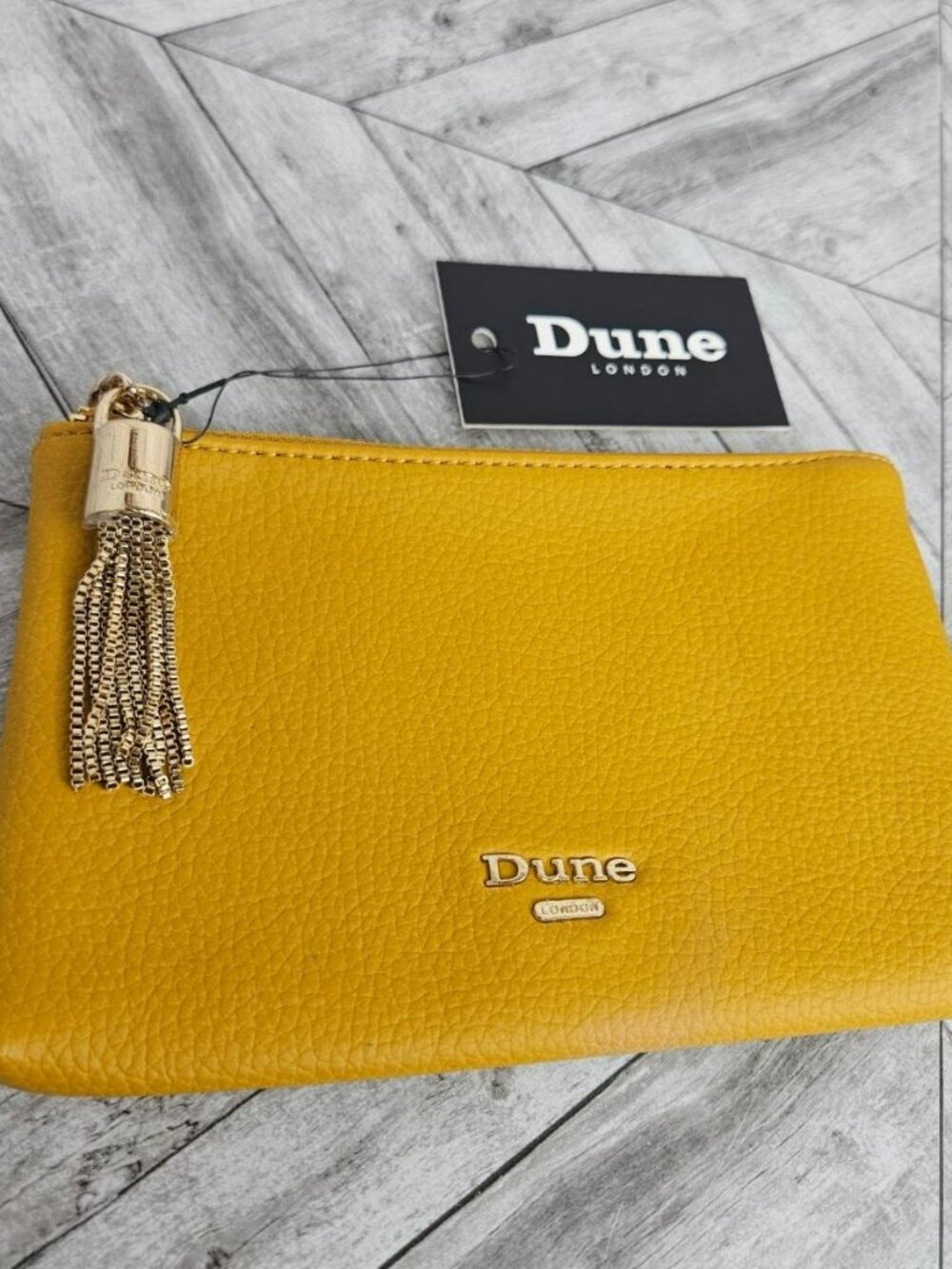 Dune London Mustard Tassel Zip Pouch Wallet Bag Gold Tone NWT